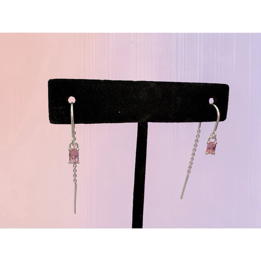 Sterling Silver S925 Threader Earrings Pink Rectangular CZ Fashion Jewelry